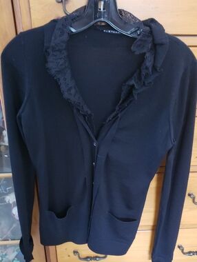 Elie Tahari Black Lace-Trim Button Cardigan